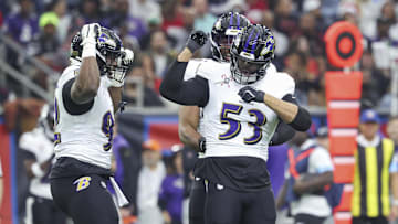 Dec 15, 2024; Houston, Texas, USA; Baltimore Ravens linebacker Kyle Van Noy (53) celebrates after sacking Houston Texans quarterback C.J. Stroud (7) during the first quarter at NRG Stadium. Mandatory Credit: Troy Taormina-Imagn Images