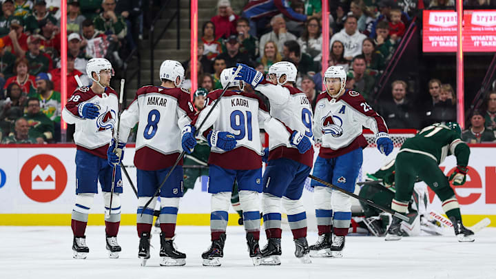 May 11, 2026; Saint Paul, Minnesota, USA; Colorado Avalanche center Nazem Kadri (91) celebrates his goal against the Minnesota Wild during the second period in game four of the second round of the 2026 Stanley Cup Playoffs at Grand Casino Arena. Mandatory Credit: Matt Krohn-Imagn Images