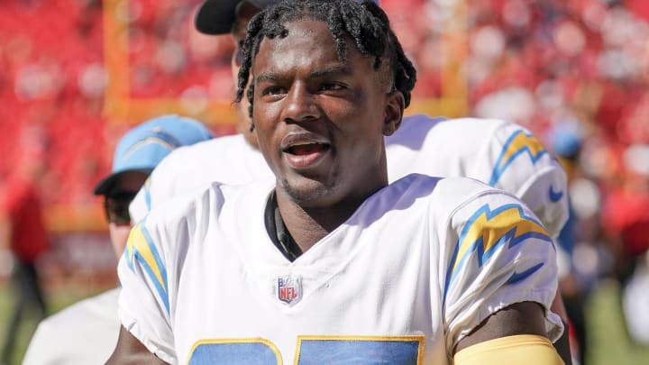 Sep 26, 2021; Kansas City, Missouri, USA; Los Angeles Chargers defensive back Kemon Hall (37) leaves the field after the win over the Kansas City Chiefs at GEHA Field at Arrowhead Stadium. 