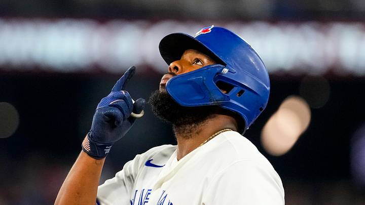 Aug 12, 2026; Toronto, Ontario, CAN; Toronto Blue Jays first baseman Vladimir Guerrero Jr. (27) celebrates hitting a single against the Boston Red Sox during the eighth inning at Rogers Centre. Mandatory Credit: Kevin Sousa-Imagn Images