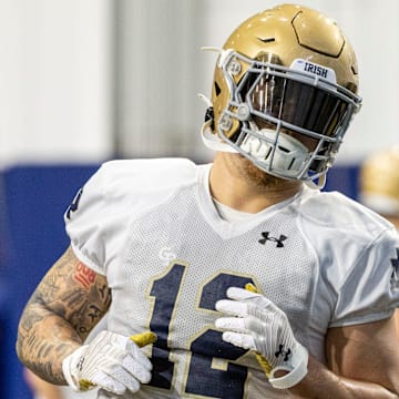 Notre Dame defensive lineman Jordan Botelho (12) during Notre Dame Spring Practice on Wednesday, March 22, 2023, at Irish Athletics Center in South Bend, Indiana.