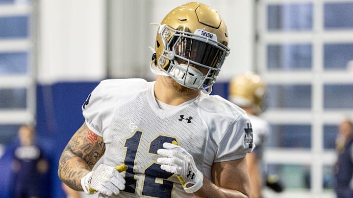 Notre Dame defensive lineman Jordan Botelho (12) during Notre Dame Spring Practice on Wednesday, March 22, 2023, at Irish Athletics Center in South Bend, Indiana.