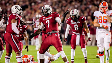 Nov 30, 2013; Columbia, SC, USA; South Carolina Gamecocks defensive end Jadeveon Clowney (7) celebrates a tackle for loss against the Clemson Tigers in the second quarter at Williams-Brice Stadium. Mandatory Credit: Jeff Blake-Imagn Images
