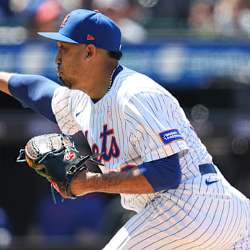 May 11, 2025; New York City, New York, USA; New York Mets relief pitcher Edwin Diaz (39) delivers a pitch during the ninth inning against the Chicago Cubs at Citi Field. Mandatory Credit: Vincent Carchietta-Imagn Images