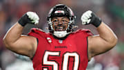 Jan 15, 2024; Tampa, Florida, USA; Tampa Bay Buccaneers defensive tackle Vita Vea (50) reacts after a play against the Philadelphia Eagles during the second half of a 2024 NFC wild card game at Raymond James Stadium. Mandatory Credit: Nathan Ray Seebeck-Imagn Images
