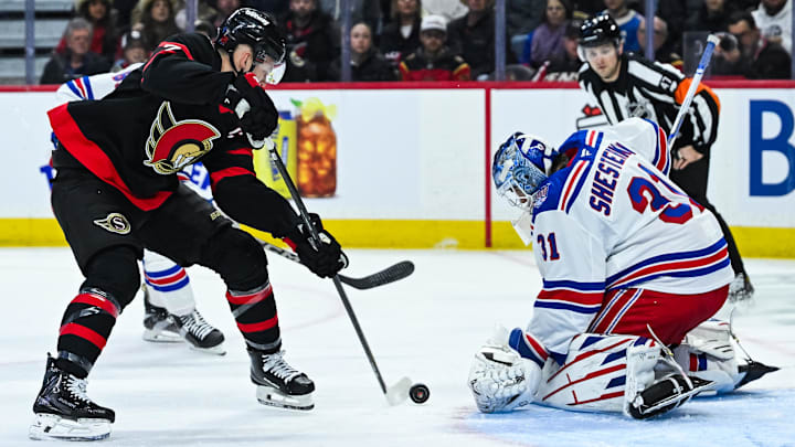 Dec 4, 2025; Ottawa, Ontario, CAN; Ottawa Senators left wing Brady Tkachuk (7) shoots the puck on New York Rangers goalie Igor Shesterkin (31) during the first period at Canadian Tire Centre.