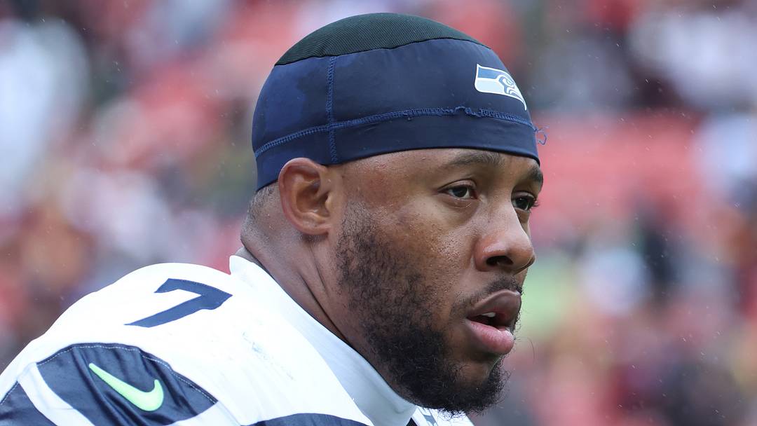 Seattle Seahawks linebacker Uchenna Nwosu looks on during the first half against the Washington Commanders. Seattle Seahawks linebacker Uchenna Nwosu looks on during the first half against the Washington Commanders.