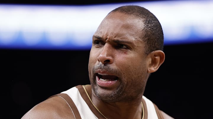 Feb 9, 2026; San Francisco, California, USA; Golden State Warriors center Al Horford (20) with blood under his left eye after a play against the Memphis Grizzlies during the fourth quarter at Chase Center. Mandatory Credit: Kelley L Cox-Imagn Images