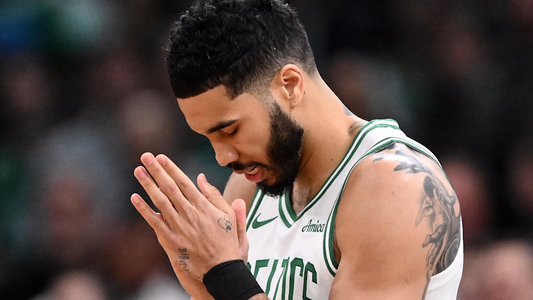 Mar 8, 2025; Boston, Massachusetts, USA; Boston Celtics forward Jayson Tatum (0) reacts before a game against the Los Angeles Lakers at the TD Garden. Mandatory Credit: Brian Fluharty-Imagn Images