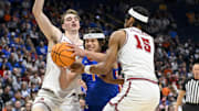 Mar 15, 2024; Nashville, TN, USA; Alabama Crimson Tide forward Grant Nelson (2) and forward Jarin Stevenson (15) foul Florida Gators guard Walter Clayton Jr. (1) during the first half at Bridgestone Arena. Mandatory