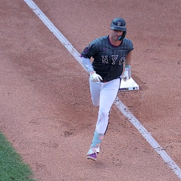 Jul 5, 2025; New York City, New York, USA; New York Mets first baseman Pete Alonso (20) rounds the bases after hitting a three run home run against the New York Yankees during the seventh inning at Citi Field. Mandatory Credit: Brad Penner-Imagn Images