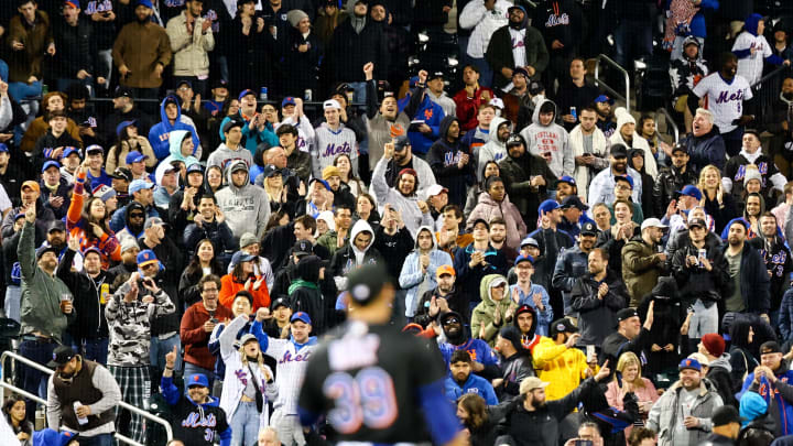 Apr 29, 2022; New York City, New York, USA; New York Mets fans cheer on New York Mets relief pitcher