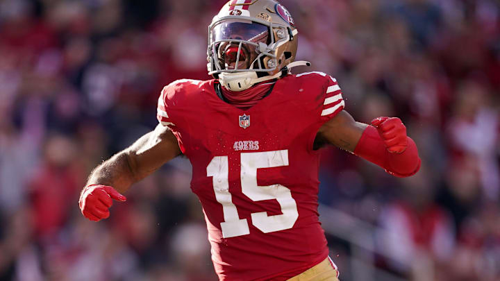 Dec 8, 2024; Santa Clara, California, USA; San Francisco 49ers wide receiver Jauan Jennings (15) celebrates after catching a pass for a touchdown against the Chicago Bears in the second quarter at Levi's Stadium. Mandatory Credit: Cary Edmondson-Imagn Images