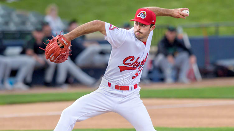 Peoria Chiefs pitcher Cooper Hjerpe throws against Dayton on Tuesday, May 9, 2023 at Dozer Park in Peoria.