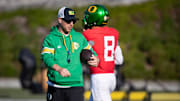 Oregon inside linebackers coach Will Stein leads practice as the Oregon Ducks hit the practice field ahead of Michigan State Tuesday, Oct. 1, 2024 at the Hatfield-Dowlin Complex in Eugene, Ore.