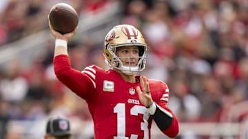 November 17, 2024; Santa Clara, California, USA; San Francisco 49ers quarterback Brock Purdy (13) passes the football against the Seattle Seahawks during the first quarter at Levi's Stadium.