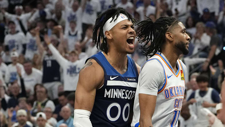 Minnesota Timberwolves guard Terrence Shannon Jr. reacts against the Oklahoma City Thunder during the 2025 NBA Playoffs Minnesota Timberwolves guard Terrence Shannon Jr. reacts against the Oklahoma City Thunder during the 2025 NBA Playoffs
