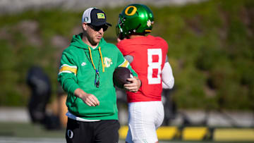 Oregon inside linebackers coach Will Stein leads practice as the Oregon Ducks hit the practice field ahead of Michigan State Tuesday, Oct. 1, 2024 at the Hatfield-Dowlin Complex in Eugene, Ore.