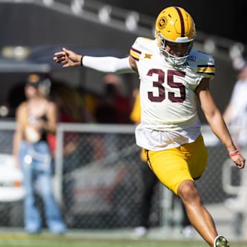 Oct 18, 2025; Tempe, Arizona, USA; Arizona State Sun Devils kicker Jesus Gomez (35) against the Texas Tech Red Raiders at Mountain America Stadium. Mandatory Credit: Mark J. Rebilas-Imagn Images