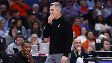 Mar 15, 2024; Washington, D.C., USA; Virginia Cavaliers head coach Tony Bennett reacts on the sidelines against the North Carolina State Wolfpack during the first half at Capital One Arena. Mandatory Credit: Amber Searls-Imagn Images