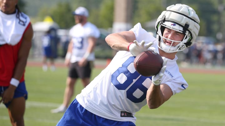 Bills tight end Dalton Kincaid eyes in a pass during the opening day of Buffalo Bills training camp.