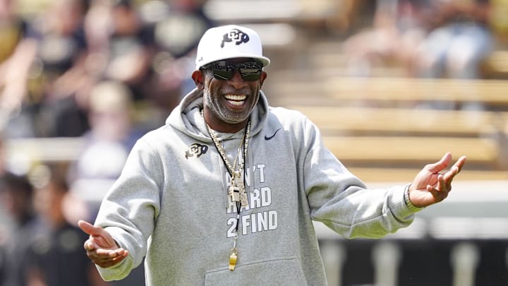 Sep 6, 2025; Boulder, Colorado, USA; Colorado Buffaloes head coach Deion Sanders before the game against the Delaware Fightin Blue Hens at Folsom Field. Mandatory Credit: Ron Chenoy-Imagn Images Sep 6, 2025; Boulder, Colorado, USA; Colorado Buffaloes head coach Deion Sanders before the game against the Delaware Fightin Blue Hens at Folsom Field. Mandatory Credit: Ron Chenoy-Imagn Images