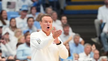 Nov 7, 2025; Chapel Hill, North Carolina, USA;  Kansas Jayhawks head coach Bill Self in the first half at Dean E. Smith Center. Mandatory Credit: Bob Donnan-Imagn Images
