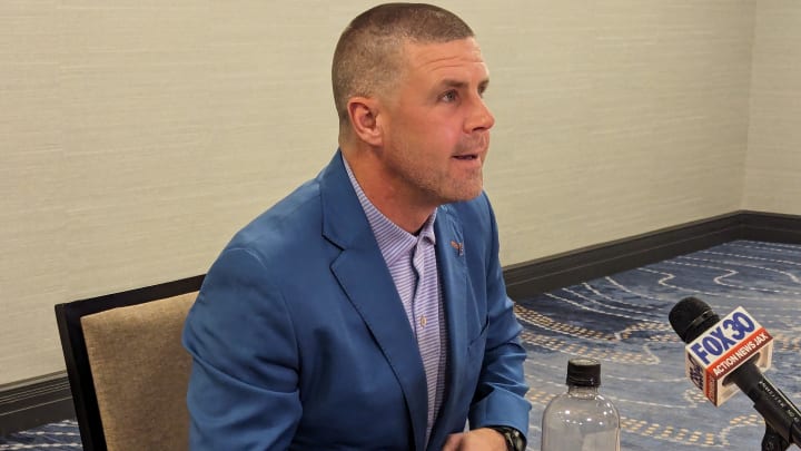 University of Florida head football coach Billy Napier speaks with reporters during the Gator Caravan stop at the Sawgrass Marriott Golf Resort and Spa in Ponte Vedra Beach on May 13, 2024. [Clayton Freeman/Florida Times-Union]