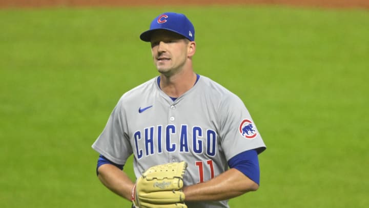 Aug 13, 2024; Cleveland, Ohio, USA; Chicago Cubs relief pitcher Drew Smyly (11) walks off the field in the sixth inning against the Cleveland Guardians 
at Progressive Field. Mandatory Credit: David Richard-USA TODAY Sports