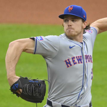 May 20, 2024; Cleveland, Ohio, USA; New York Mets relief pitcher Josh Walker (91) delivers a pitch in the seventh inning against the Cleveland Guardians at Progressive Field. Mandatory Credit: David Richard-USA TODAY Sports