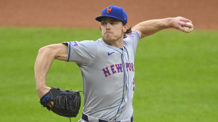 May 20, 2024; Cleveland, Ohio, USA; New York Mets relief pitcher Josh Walker (91) delivers a pitch in the seventh inning against the Cleveland Guardians at Progressive Field. Mandatory Credit: David Richard-USA TODAY Sports