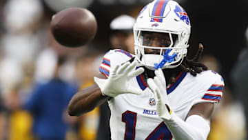 Aug 17, 2024; Pittsburgh, Pennsylvania, USA;  Buffalo Bills  wide receiver Deon Cain (14) warms up before a game against the Pittsburgh Steelers at Acrisure Stadium. Mandatory Credit: Charles LeClaire-Imagn Images