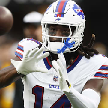 Aug 17, 2024; Pittsburgh, Pennsylvania, USA;  Buffalo Bills  wide receiver Deon Cain (14) warms up before a game against the Pittsburgh Steelers at Acrisure Stadium. Mandatory Credit: Charles LeClaire-Imagn Images