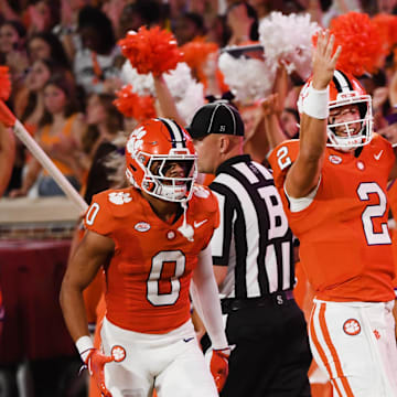 Sept 7, 2024; Clemson, SC, USA; The Clemson Tigers played the Appalachian State Mountaineers in college football Saturday, Sept. 7, 2024. Clemson quarterback Cade Klubnik (2) after his touchdown play. 