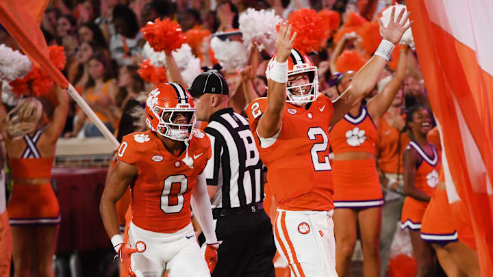 Sept 7, 2024; Clemson, SC, USA; The Clemson Tigers played the Appalachian State Mountaineers in college football Saturday, Sept. 7, 2024. Clemson quarterback Cade Klubnik (2) after his touchdown play. 