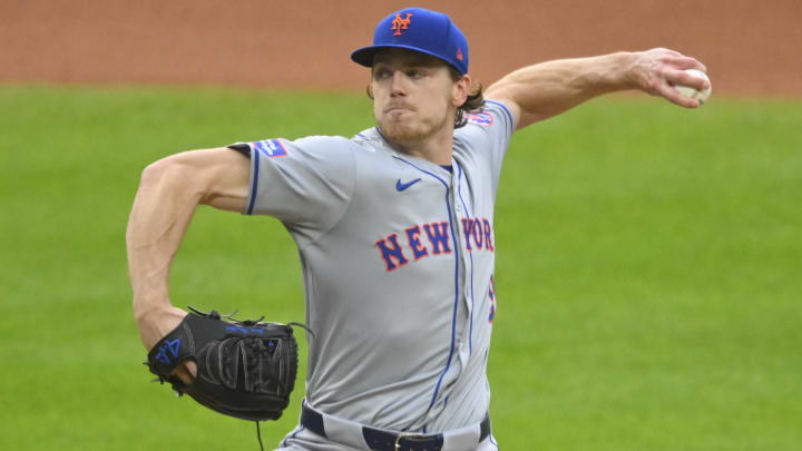 May 20, 2024; Cleveland, Ohio, USA; New York Mets relief pitcher Josh Walker (91) delivers a pitch in the seventh inning against the Cleveland Guardians at Progressive Field. Mandatory Credit: David Richard-USA TODAY Sports