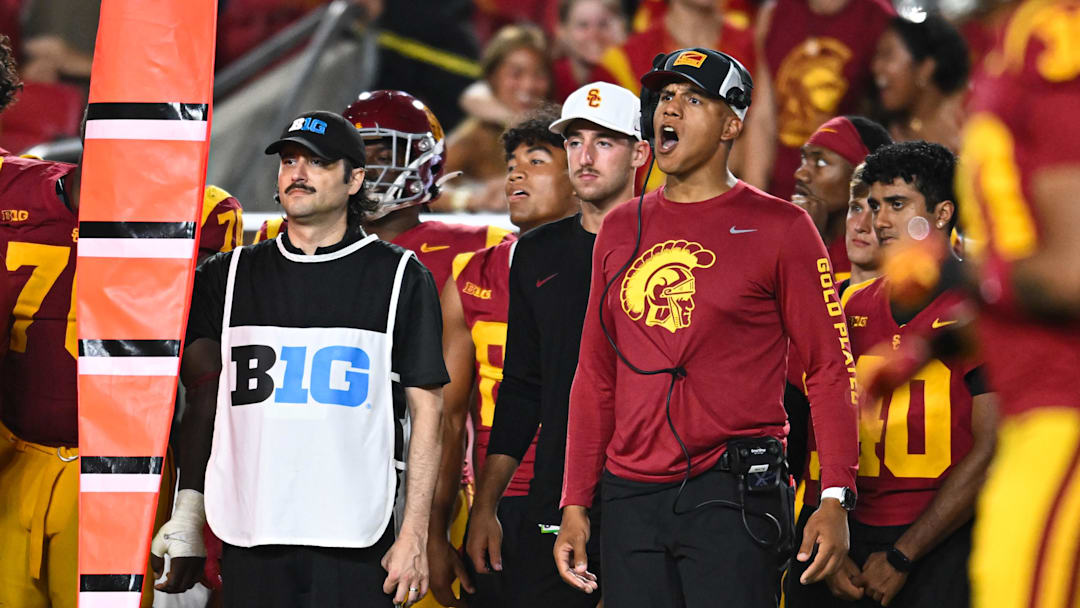 USC Trojans defensive coordinator D'Anton Lynn reacts against the Utah State Aggies during the fourth quarter at United Airlines Field at Los Angeles Memorial Coliseum.