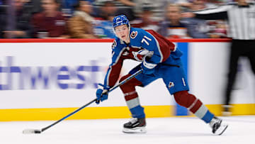 Oct 14, 2024; Denver, Colorado, USA; Colorado Avalanche center Calum Ritchie (71) controls the puck in the second period against the New York Islanders at Ball Arena. Mandatory Credit: Isaiah J. Downing-Imagn Images