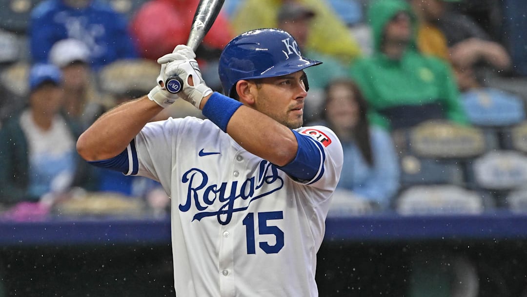 May 7, 2025; Kansas City, Missouri, USA;  Kansas City Royals catcher Luke Maile (15) at bat in the third inning against the Chicago White Sox at Kauffman Stadium. Mandatory Credit: Peter Aiken-Imagn Images