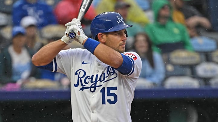 May 7, 2025; Kansas City, Missouri, USA;  Kansas City Royals catcher Luke Maile (15) at bat in the third inning against the Chicago White Sox at Kauffman Stadium. Mandatory Credit: Peter Aiken-Imagn Images