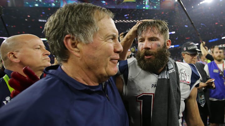 Feb 5, 2017; Houston, TX, USA; New England Patriots head coach Bill Belichick celebrates with wide receiver Julian Edelman (11) after defeating the Atlanta Falcons during Super Bowl LI at NRG Stadium.  The Patriots won 34-28. Mandatory Credit: Dan Powers-Imagn Images