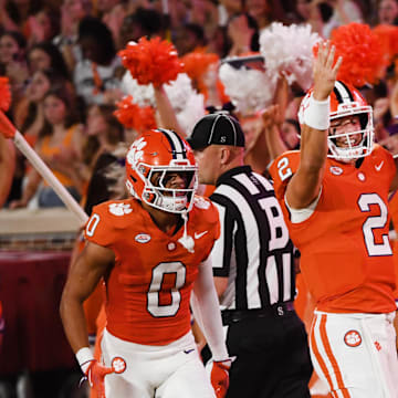 Sept 7, 2024; Clemson, SC, USA; The Clemson Tigers played the Appalachian State Mountaineers in college football Saturday, Sept. 7, 2024. Clemson quarterback Cade Klubnik (2) after his touchdown play. 