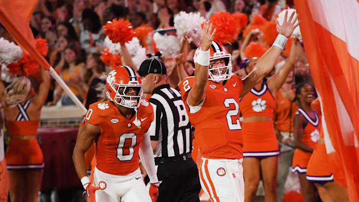 Sept 7, 2024; Clemson, SC, USA; The Clemson Tigers played the Appalachian State Mountaineers in college football Saturday, Sept. 7, 2024. Clemson quarterback Cade Klubnik (2) after his touchdown play. 