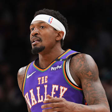 Mar 2, 2025; Phoenix, Arizona, USA; Phoenix Suns guard Bradley Beal (3) dribbles against the Minnesota Timberwolves during the second half at Footprint Center. Mandatory Credit: Joe Camporeale-Imagn Images