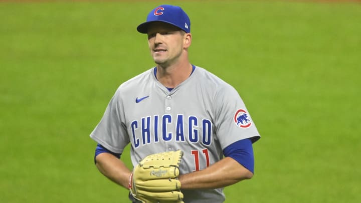 Aug 13, 2024; Cleveland, Ohio, USA; Chicago Cubs relief pitcher Drew Smyly (11) walks off the field in the sixth inning against the Cleveland Guardians at Progressive Field