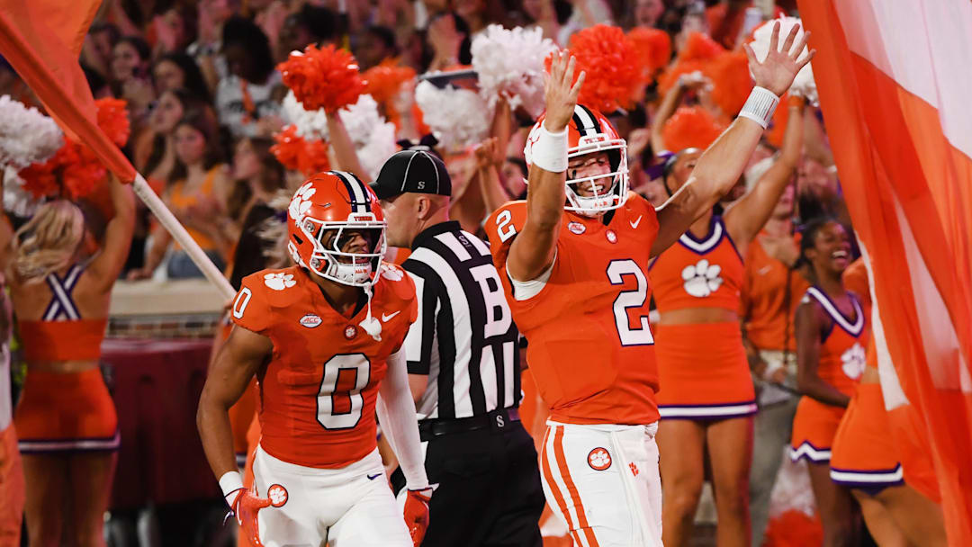 Sept 7, 2024; Clemson, SC, USA; The Clemson Tigers played the Appalachian State Mountaineers in college football Saturday, Sept. 7, 2024. Clemson quarterback Cade Klubnik (2) after his touchdown play.  