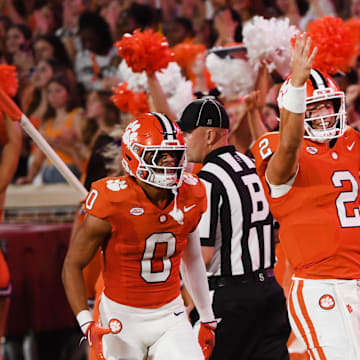 Sept 7, 2024; Clemson, SC, USA; The Clemson Tigers played the Appalachian State Mountaineers in college football Saturday, Sept. 7, 2024. Clemson quarterback Cade Klubnik (2) after his touchdown play.  