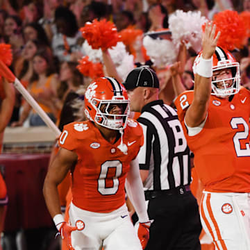 Sept 7, 2024; Clemson, SC, USA; The Clemson Tigers played the Appalachian State Mountaineers in college football Saturday, Sept. 7, 2024. Clemson quarterback Cade Klubnik (2) after his touchdown play.  