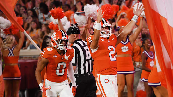 Sept 7, 2024; Clemson, SC, USA; The Clemson Tigers played the Appalachian State Mountaineers in college football Saturday, Sept. 7, 2024. Clemson quarterback Cade Klubnik (2) after his touchdown play.  