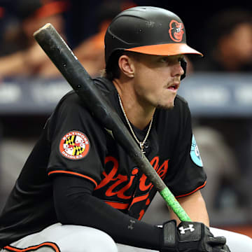 Aug 11, 2024; St. Petersburg, Florida, USA;  Baltimore Orioles first base Ryan Mountcastle (6) looks on while on deck to bat against the Tampa Bay Rays during the first inning at Tropicana Field